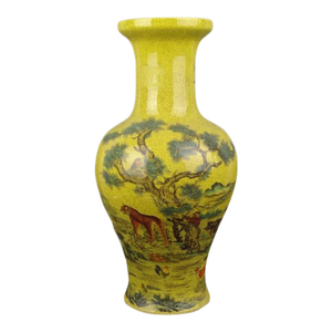 Chinese Ceramic Qing Dynasty Qianlong Marked Yellow Ground Crackle Glaze Porcelain Vase Hand Painted Twelve Chinese Zodiac Signs Pattern