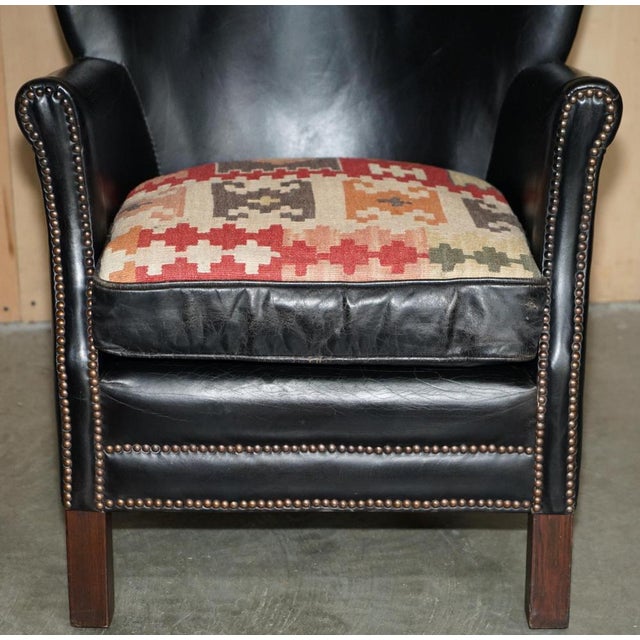 Little Professor Armchairs in Black Leather and Kilim Upholstery by Andrew Martin for Halo, Set of 2 For Sale - Image 5 of 18