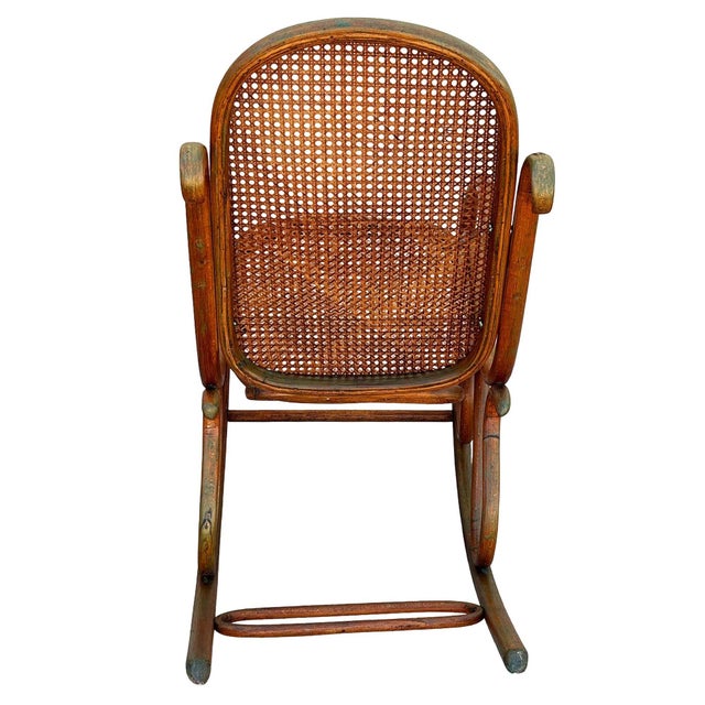 1900 - 1909 Late Victorian Oak & Caine Scrolling Rocking Chair Attributed to Thonet No. 4 For Sale - Image 5 of 7
