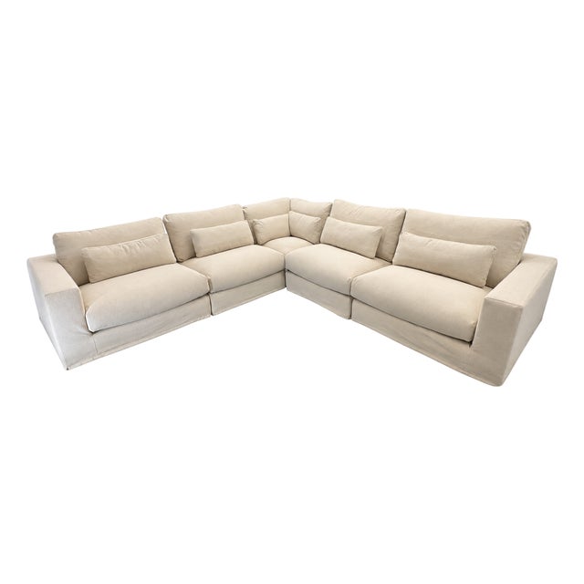 Rh Lugano Modular 5-Piece Sectional | Italy | Down-Feather | Performance Linen Weave – Sand | Customizable For Sale