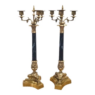 Pair of Vintage 1980s Decorative Crafts Neoclassical Brass & Black Marble Candelabras For Sale