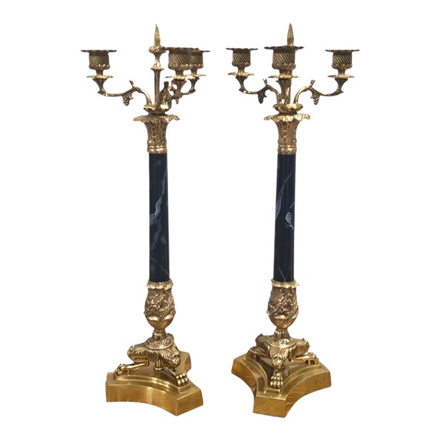 Pair of Vintage 1980s Decorative Crafts Neoclassical Brass & Black Marble Candelabras For Sale
