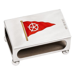 Nautical Flag Hand Painted Enamel Sterling Silver Antique Match Box Holder Tobacciana For Sale