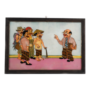 Framed Punakawan Reverse Glass Painting of the Village Briefing