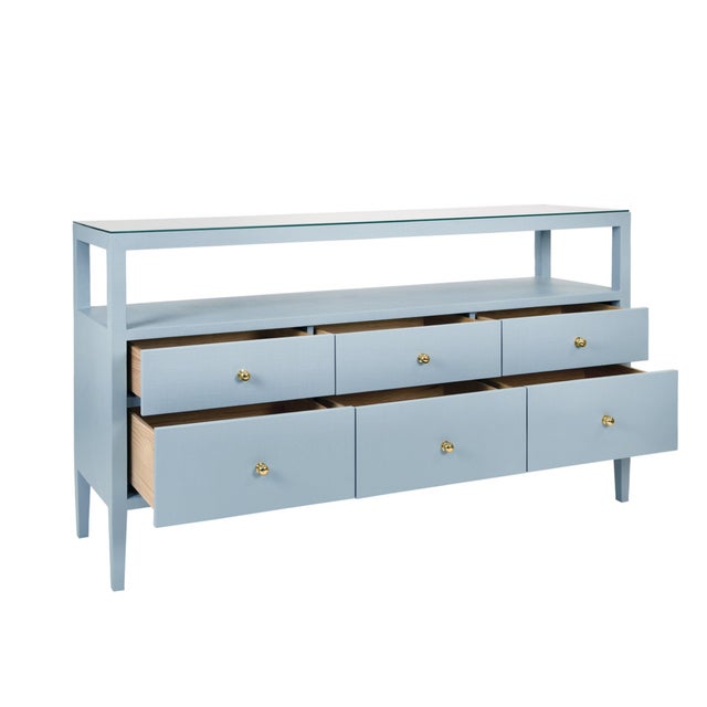 Worlds Away Matthew Izzo Home Jordan Painted Blue Linen Six Drawer Console Table With One Open Shelf, Glass Top, and Brass Knobs For Sale - Image 4 of 7