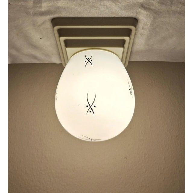 Black Mid-Century Modern Ceiling Lamp with Stepped Cream-White Bakelite Base and White Glass Shade with Hand-Painted Black Decor by Niko, 1950s For Sale - Image 8 of 8