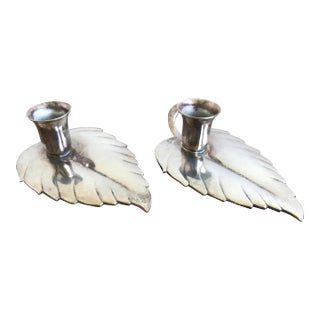 Pair of Danish Modern Silverplate Leaf-Shaped Candle Holders - Marked Danmark Kronen For Sale