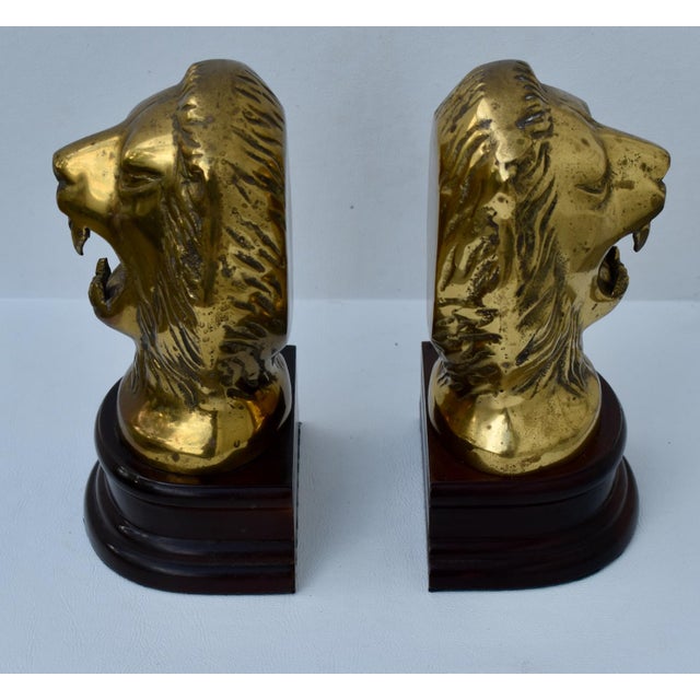 Vtg. Pair of Brass Lion Head Traditional Style Bookends W/Wood Base For Sale - Image 4 of 12