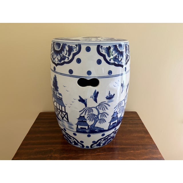 Late 20th Century Blue and White Porcelain Chinoiserie Chinese Garden Stool or Side Table For Sale - Image 12 of 12
