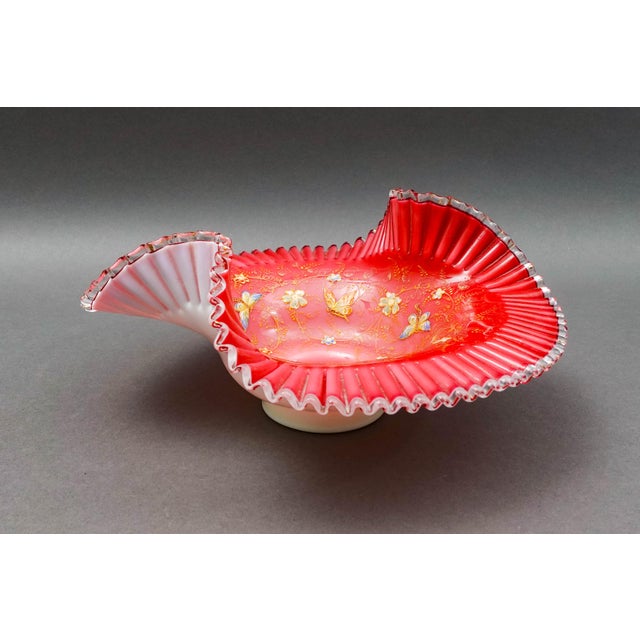 Antique Victorian Hand Painted Butterflies Floral Ruffled Edge Glass Brides Basket Bowl. Measures approximately 10 1/4"...