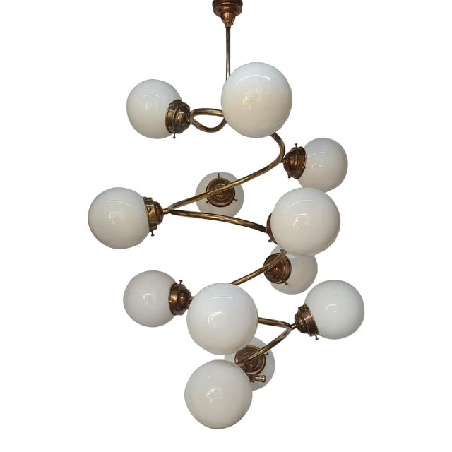 Vintage 1940s Art Deco Ceiling Brass Hanging Chandelier 12 Light Milk Glass Shade Lamp For Sale