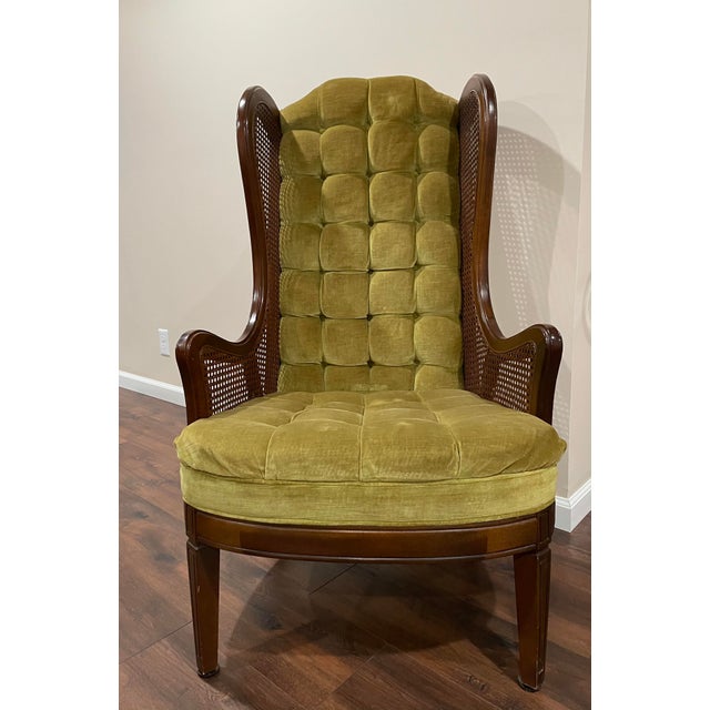 Mid 20th Century Lewittes Tufted Green Velvet Cane Wingback Chair Chairish