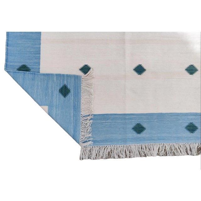 Casa Cosima Handmade Cotton Area Rug, Natural Vegetable Dyed White, Blue & Green Diamond Rug-5'x7' For Sale - Image 4 of 10