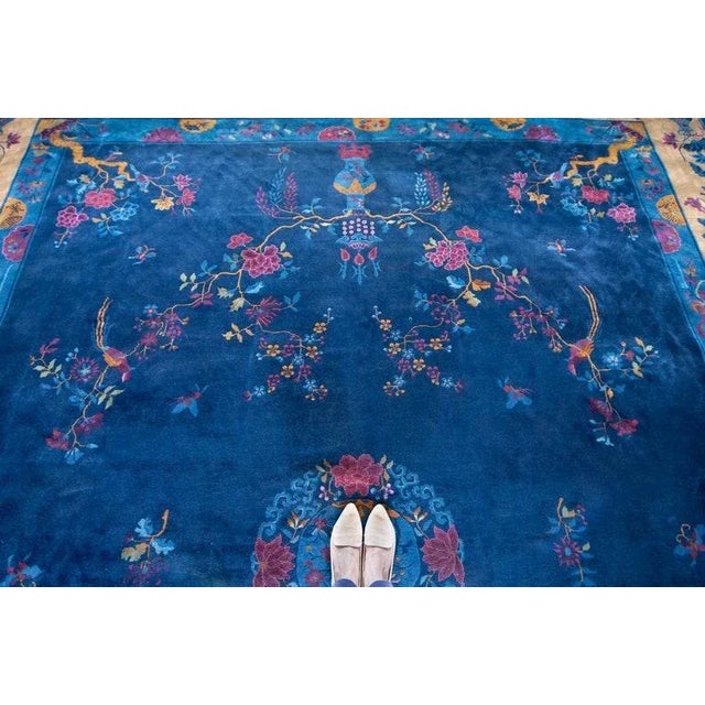 1920s Antique Chinese Art Deco Rug Medallion Botanical Royal Blue Hand Knotted Manchester Wool Rug - 12’3” X 14’5” For Sale - Image 4 of 10