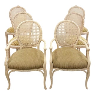 Set of 6 Vintage Cane Dining Chairs Coastal Chic W/ Captains Chairs Hollywood For Sale