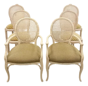 Set of 6 Vintage Cane Dining Chairs Coastal Chic W/ Captains Chairs Hollywood