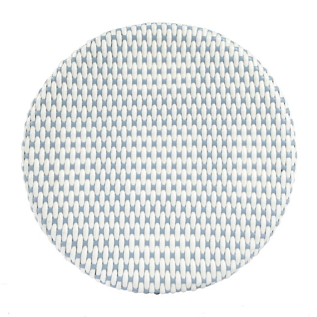 Wood Tobias 30 in. Seat Height Round Rattan Backless Bar Stool, White/Sky Blue Dot / Natural Rattan Frame For Sale - Image 7 of 8