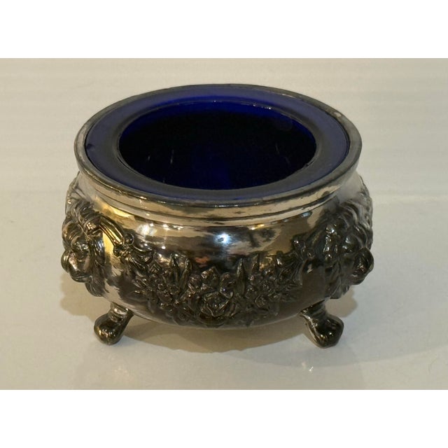 Vintage Silverplate & Cobalt Glass Footed Salt Cellar / Decorative Vanity Bowl For Sale - Image 9 of 12