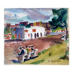 Samuel Grunvald, 1930's American WPA Modernist New York City Watercolor Painting Harlem River Dr, c.1938