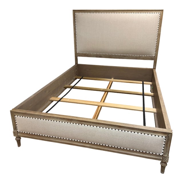 Queen Size Restoration Hardware Maison Fabric Panel Bed Frame, Antique Oak Finish For Sale