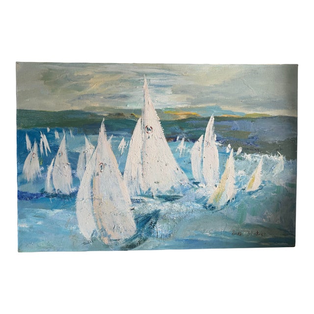 Vintage Original Painting of Sailboats Racing For Sale