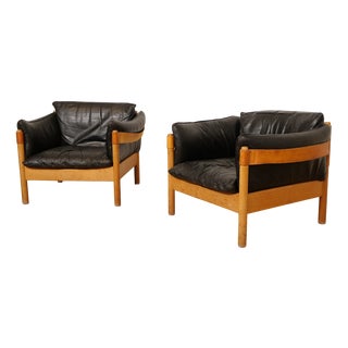 Danish Oak and Leather Lounge Chairs, 1960s, Set of 2 For Sale