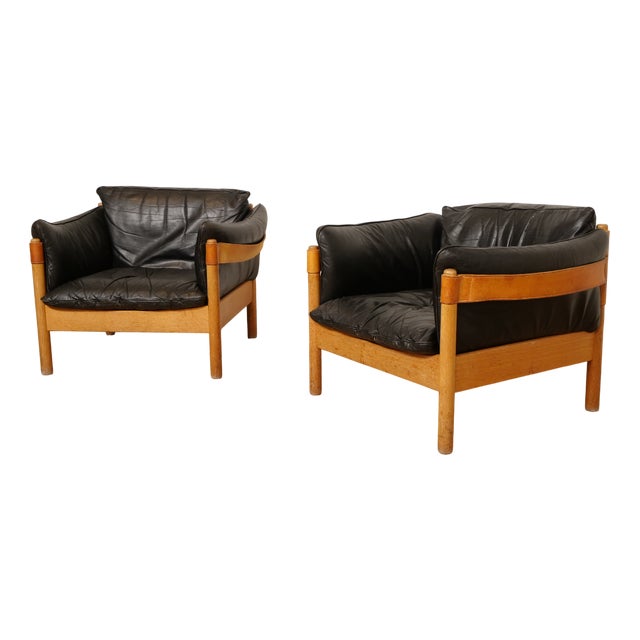 Danish Oak and Leather Lounge Chairs, 1960s, Set of 2 For Sale