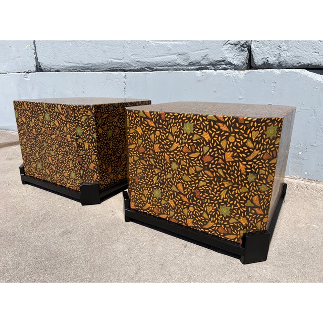 Wood Pair End Tables, Side Tables, Fabric and Resin, 1980s For Sale - Image 7 of 17