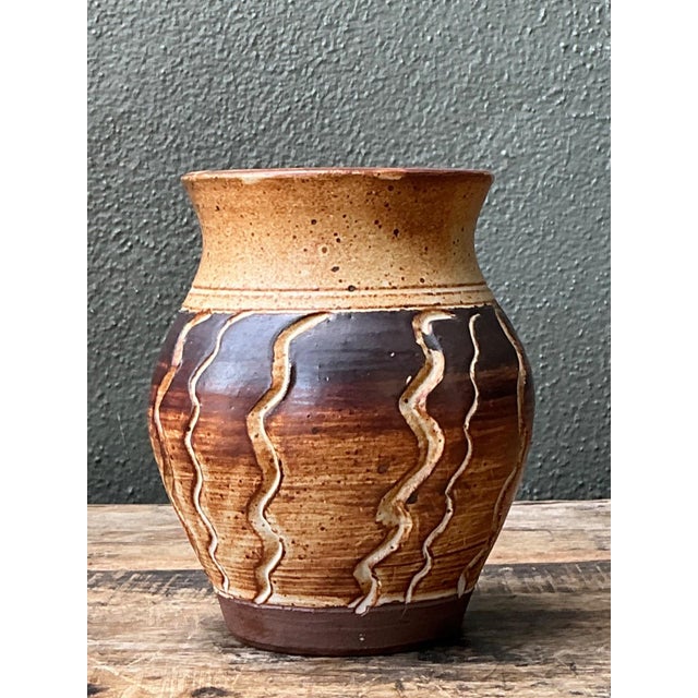 Vintage Handcrafted Ceramic Vase With Wave Motif For Sale In West Palm - Image 6 of 15