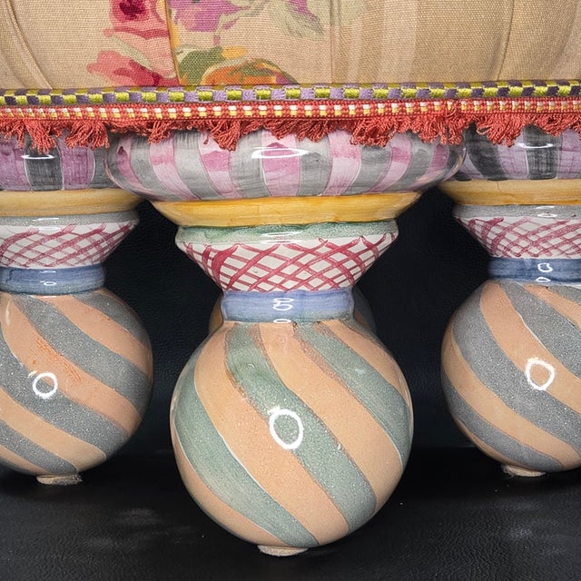 Tan 1990s Mackenzie Childs Rose Floral Upholstered Footstool or Ottoman, Ceramic Feet For Sale - Image 8 of 14