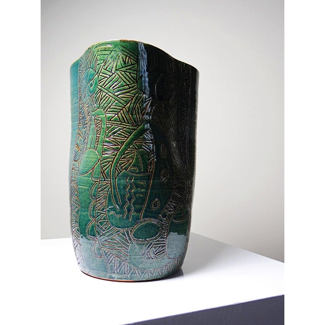 Ceramic Vintage Handcrafted Blue-Green Pottery Vase from Eseka Pottery, 1990s For Sale - Image 7 of 14