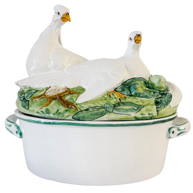 Green Vintage Italian Majolica Ceramic Double Dove Covered Casserole Dish Centerpiece For Sale - Image 8 of 9
