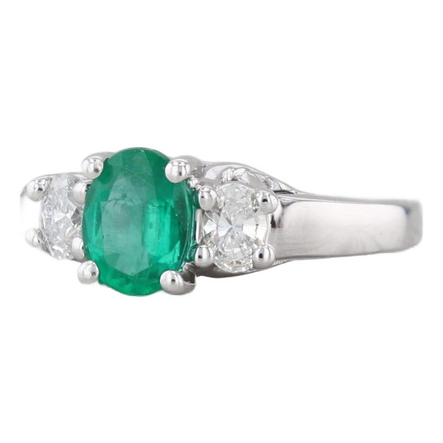 1.10ctw Oval Emerald Diamond Ring 14k White Gold Size 4.5 For Sale