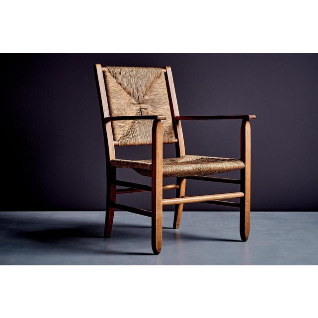 Rustic Rustic Oak Lounge Chairs with Hand-Woven Rush Seats, France, 1940s, Set of 2 For Sale - Image 3 of 15