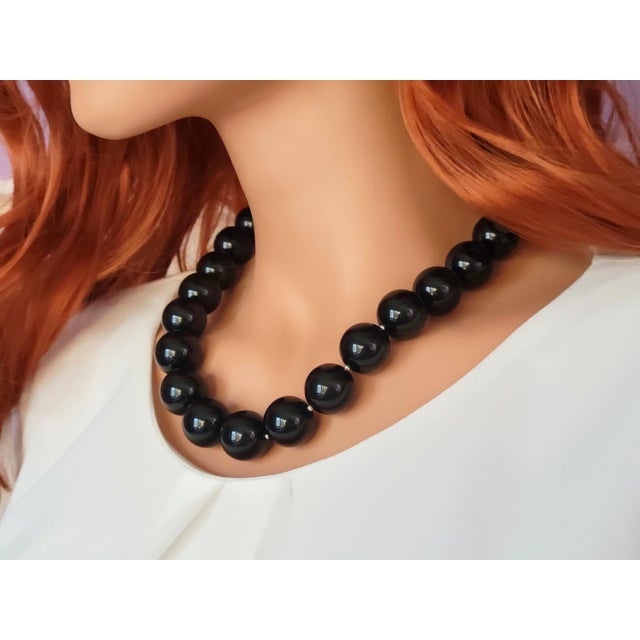Vintage 21-Inch Black Obsidian Beaded Necklace With Onyx Cameo Clasp For Sale - Image 4 of 9