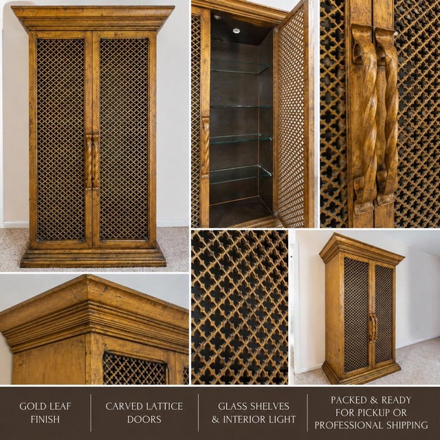 Wood 1960s Gold Leaf Finish Wood Cabinet With Carved Lattice Doors and Glass Shelving For Sale - Image 7 of 7