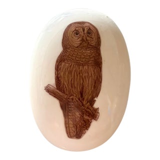 Vintage Illustrated Brown Barred Owl Oval Ceramic Paperweight For Sale