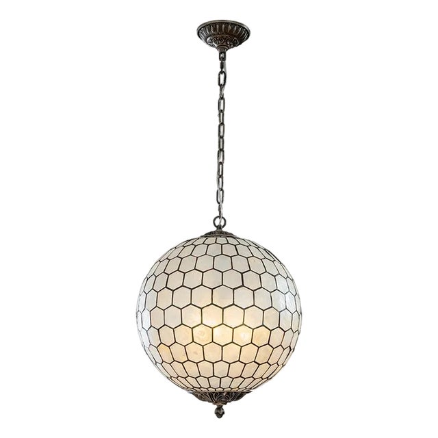 Vintage Aloadecor 3-Light 18'' Brass French Cosatal Glam Chandelier With Natural Capiz Shell Globe Lantern Hanging Light For Sale