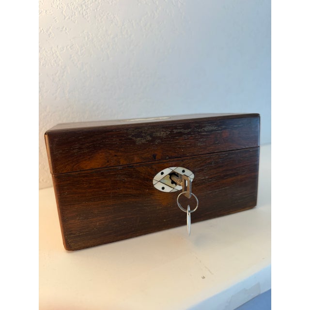 Brown Antique Rosewood Jewelry Box With Lock and Key For Sale - Image 8 of 17
