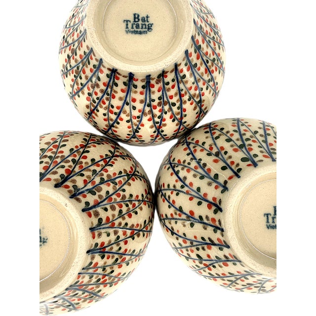 Set of 4 Bat Trang Vietnamese Ceramic Multipurpose Bowls Hand Painted in Botanical Motifs For Sale In New York - Image 6 of 11