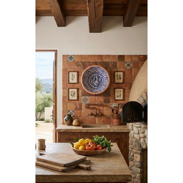 Vintage Hand-Painted Spanish Terracotta Bowl – Cobalt Blue Bird & Floral Motif For Sale - Image 11 of 12