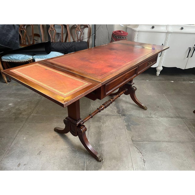 1900 - 1909 English Writing Desk with Flaps and Leather Top, 1900 For Sale - Image 5 of 18
