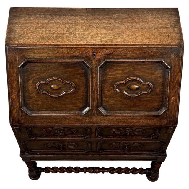 Antique English Jacobean Style Oak Bureau, 1900s For Sale - Image 3 of 14