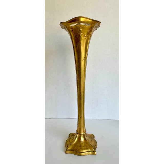 Here is a beautiful antique Art Nouveau gilt metal altar vase dating to the late 19th-early 20th century. Featuring a...