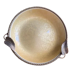 Mid 20th Century Evans Hand Enameled Gold Tone Tray With Leaf Accent