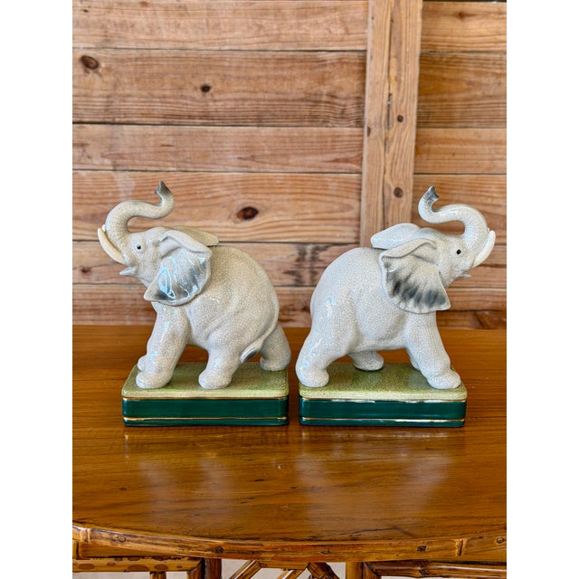 Light Gray Pair of Vintage Takahashi Japanese Ceramic Elephant Bookends For Sale - Image 8 of 12