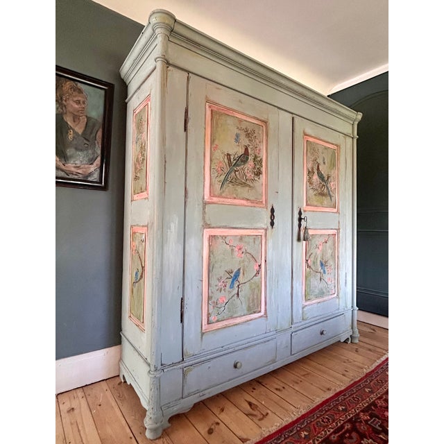 Large Vintage Painted Pine Double Wardrobe with Inlaid Chinoiserie, 1890s For Sale - Image 5 of 14