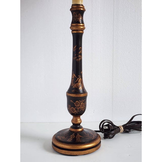 Wood Vintage Chinoiserie Style Tole Painted & Wood Table Lamp For Sale - Image 7 of 12