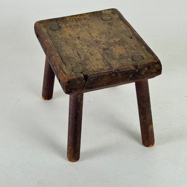 American Exquisite Patina on Small Primitive Antique Wood Stool/Table, Salesman Sample For Sale - Image 3 of 11
