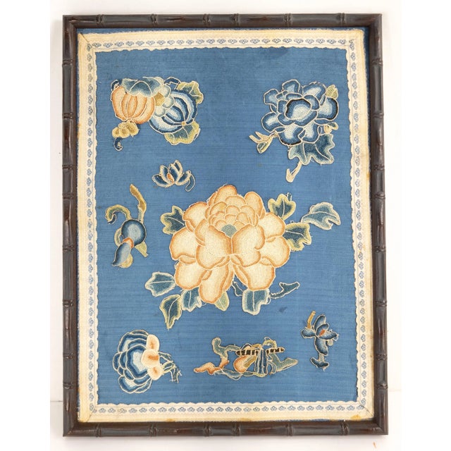 Blue 19th Century Chinese Panel With Forbidden Stitch Silk Appliques For Sale - Image 8 of 8